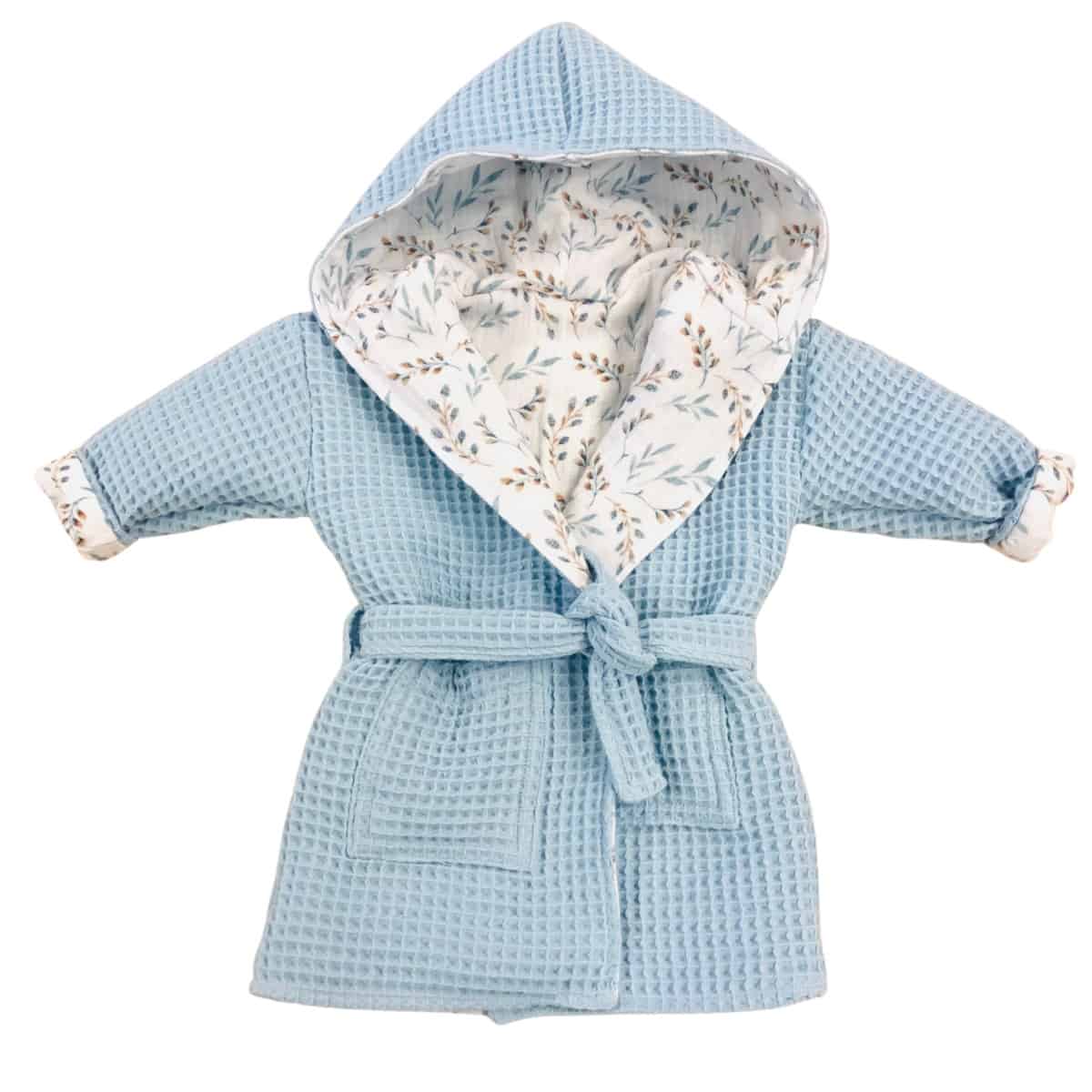 Bademantel Kinder Wiladu Waffelstoff für Babys und Kinder 68 - 92 hydrophile Baumwolle mit OEKO-TEX 74 Blauer Weidenzweig