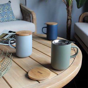 OGO LIVING Juliet Doppelpack 2x Teetasse aus Steinzeug und Deckel aus Akazienholz 5 Farben