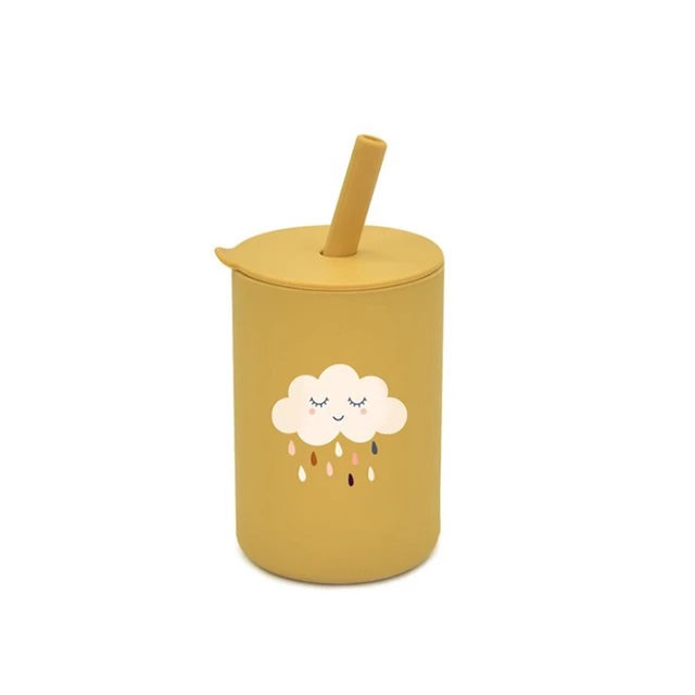 Wiladu Trinklernbecher Trinkbecher aus Silikon mit Strohhalm Trinklernbecher Silikonbecher 160 ml Wolke