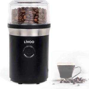 Livoo Kaffeemühle Elektrisch Kapazität für 12 Tassen – Edelstahlmesser 210 Watt – Elektrische Gewürzmühle Schwarz – Mühle für Kaffeebohnen Nüsse Kräuter – Getreidemühle mit Schüssel
