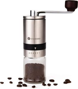 Wiladu Kaffeemühle Manuell Kegelmahlwerk – Verstellbarer Mahlgrad – Handmühle aus Edelstahl und Glas Kaffee- und Espressomühle mit 6 Mahlstufen