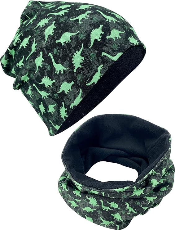 Heckbo Beanie Mütze & Loop-Schal Set - Wendemütze - 2-8 Jahre - 95% Baumwolle - weiches & pflegeleichtes Material Dinos