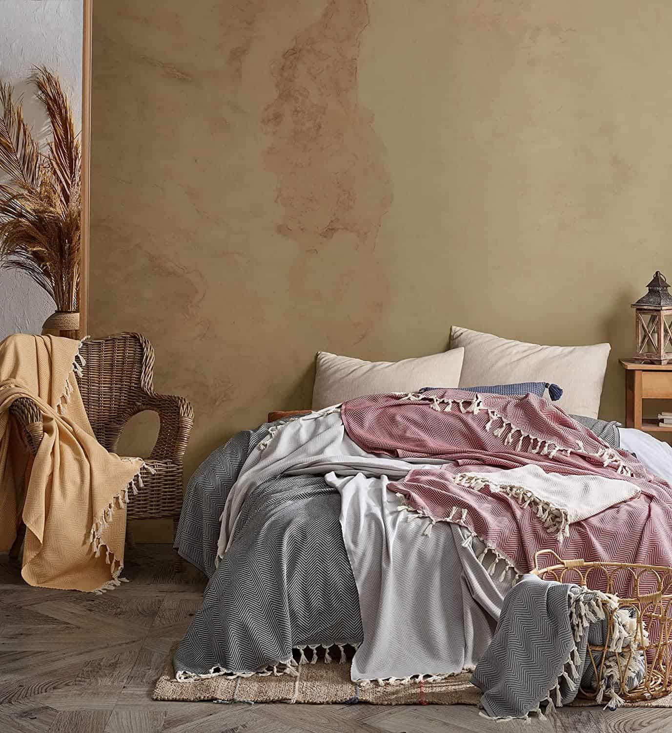 Bohoria Tagesdecke Tulum Premium Tagesdecke 100% Baumwolle 170 x 230 cm Bett-Überwurf, Couch-Überwurf, Sofa-Decke mit Fischgrätenmuster