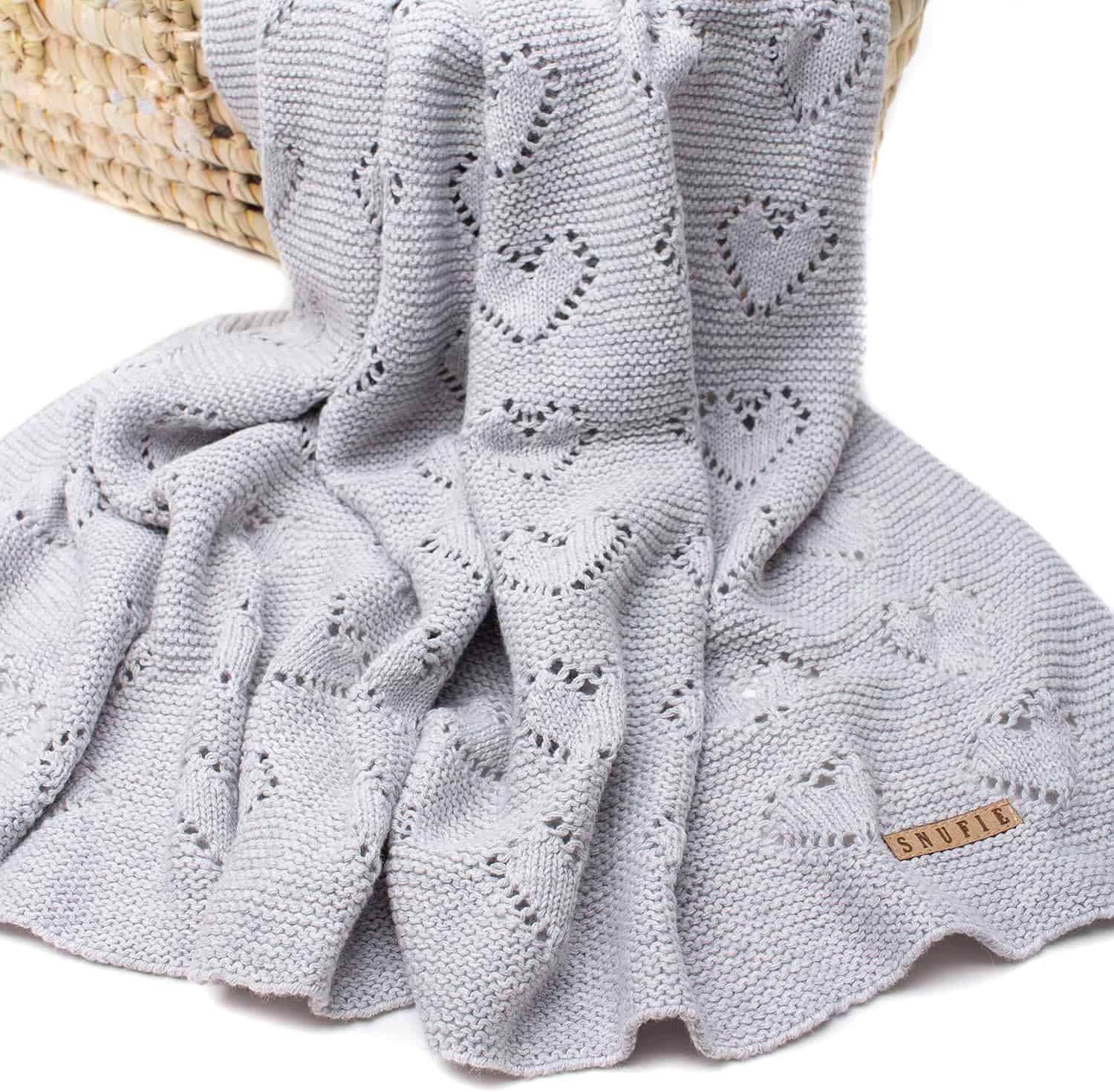 Babydecke gestrickt Wiladu 100% Baumwolle Extra Weich 100x80cm Öko-Tex Grau Herzen