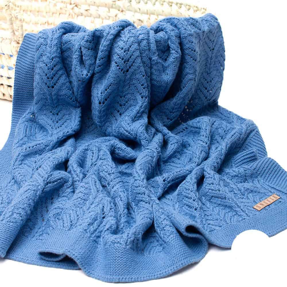 Babydecke gestrickt Wiladu 100% Baumwolle Extra Weich 100x80cm Öko-Tex Blau
