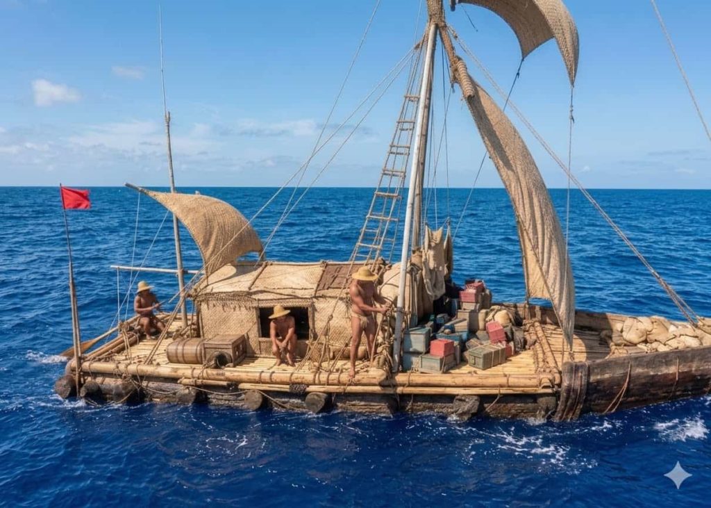 Thor Heyerdahl und seine Crew während der Kon-Tiki Pazifik-Überquerung
