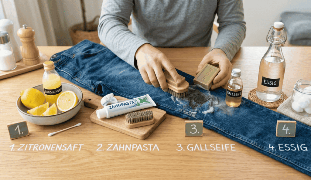 Hausmittel wie Zitronensaft, Zahnpasta und Essig im Vergleich um alte Grasflecken aus Textilien zu lösen
