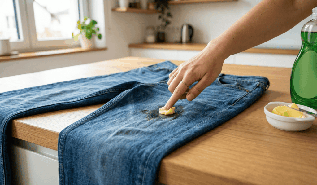 Vorbehandlung von Schmierflecken auf einer Jeans mit Butter und Spülmittel als effektive Hausmittel