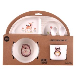 Barbo Toys Wood Friends 5-teiliges Kinder-Ess-Set aus Melamin in der Verpackung mit Reh-, Igel- und Eulen-Motiv